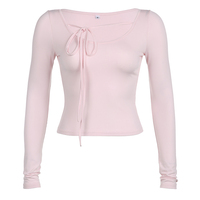 Sweet Lace Up Slash Neck Long Sleeve Shirt - Thumbnail 4