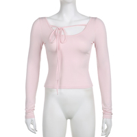 Sweet Lace Up Slash Neck Long Sleeve Shirt - Thumbnail 5