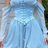 Blue Off Shoulder Corset Bustier Long Sleeve Dress  - Thumbnail 1