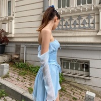 Blue Off Shoulder Corset Bustier Long Sleeve Dress  - Thumbnail 4