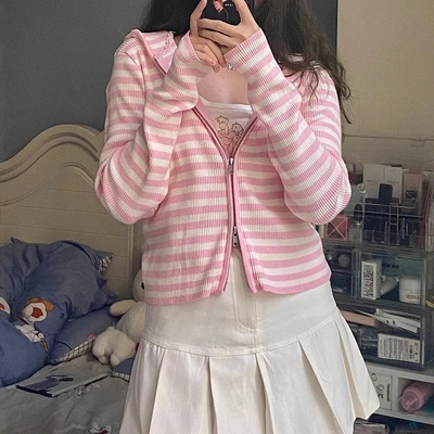 Pink Stripe Thin Zipper Jacket