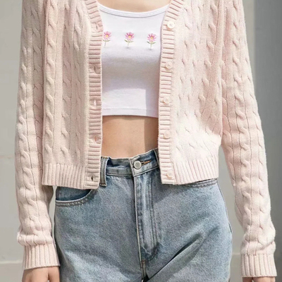 Pink cable knit button up cardigan
