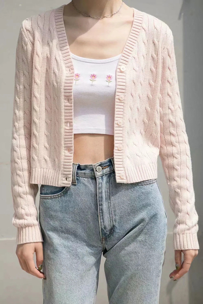 Pink Cable Knit Button Up Cardigan