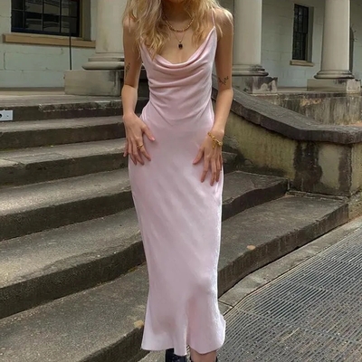 Pink satin low cut halter maxi dress - Thumbnail 3