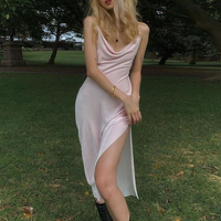 Pink Satin Low Cut Halter Maxi Dress - Thumbnail 4