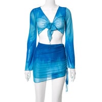 2PCS Tie Dye V Neck Mesh Top + Mini Skirt  - Thumbnail 5