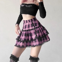 Pink Plaid Pleated Lace Mini Skirt - Thumbnail 3