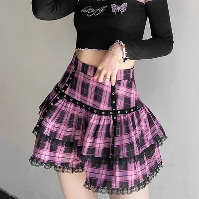 Pink Plaid Pleated Lace Mini Skirt