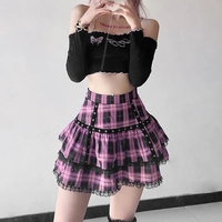 Pink Plaid Pleated Lace Mini Skirt - Thumbnail 1