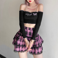 Pink Plaid Pleated Lace Mini Skirt - Thumbnail 4