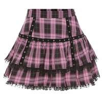 Pink Plaid Pleated Lace Mini Skirt - Thumbnail 5