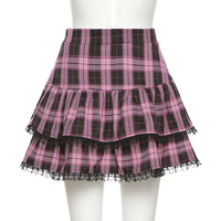 Pink Plaid Pleated Lace Mini Skirt - Thumbnail 6