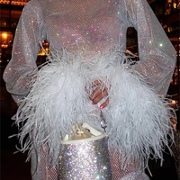 Glitter See Through Mesh Faux Feather Long Sleeve Dress - Thumbnail 4