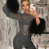 Glitter See Through Mesh Faux Feather Long Sleeve Dress - Thumbnail 2
