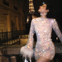 Glitter See Through Mesh Faux Feather Long Sleeve Dress - Thumbnail 6