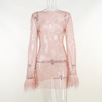 Glitter See Through Mesh Faux Feather Long Sleeve Dress - Thumbnail 8