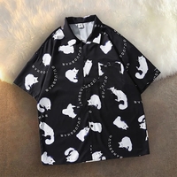 Cat Print Blouse Short Sleeve Shirt - Thumbnail 6