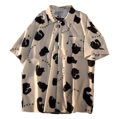Cat print blouse short sleeve shirt - Thumbnail 2