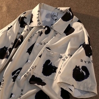 Cat Print Blouse Short Sleeve Shirt - Thumbnail 3