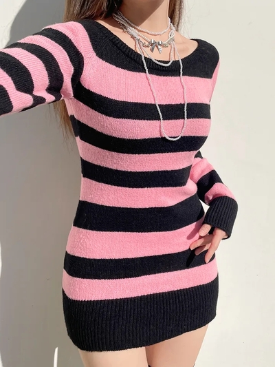 Pink & Black Stripe Off Shoulder Knit Dress