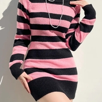Pink & Black Stripe Off Shoulder Knit Dress - Thumbnail 1