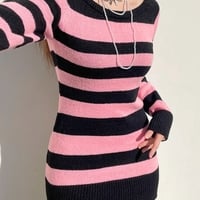 Pink & Black Stripe Off Shoulder Knit Dress - Thumbnail 5