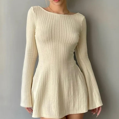 Cream knit backless bodycon long sleeve dress - Thumbnail 4