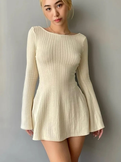 Cream Knit Backless Bodycon Long Sleeve Dress