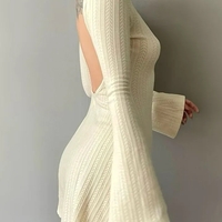 Cream Knit Backless Bodycon Long Sleeve Dress - Thumbnail 1