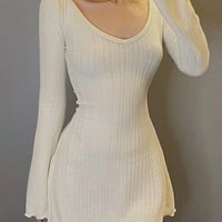 Cream Knit Backless Bodycon Long Sleeve Dress - Thumbnail 2