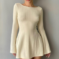 Cream Knit Backless Bodycon Long Sleeve Dress - Thumbnail 4