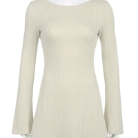 Cream Knit Backless Bodycon Long Sleeve Dress - Thumbnail 5