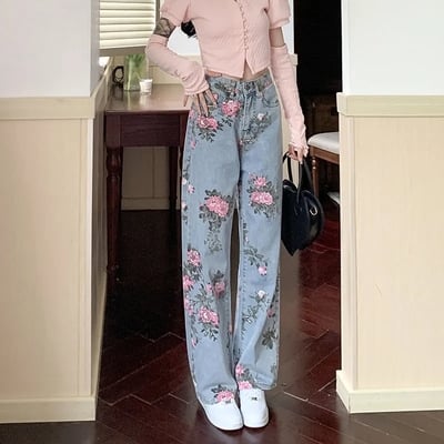 Flower Print Blue Denim Jeans