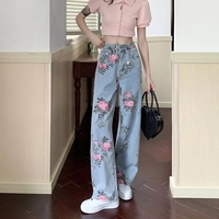 Flower Print Blue Denim Jeans - Thumbnail 1