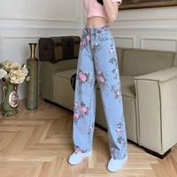 Flower Print Blue Denim Jeans - Thumbnail 3