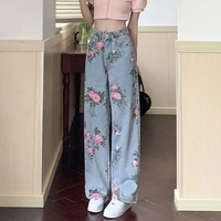 Flower Print Blue Denim Jeans - Thumbnail 4
