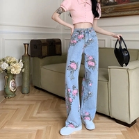 Flower Print Blue Denim Jeans - Thumbnail 5
