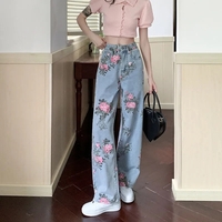 Flower Print Blue Denim Jeans - Thumbnail 6