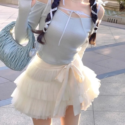 Sweet bow off shoulder long sleeve blouse