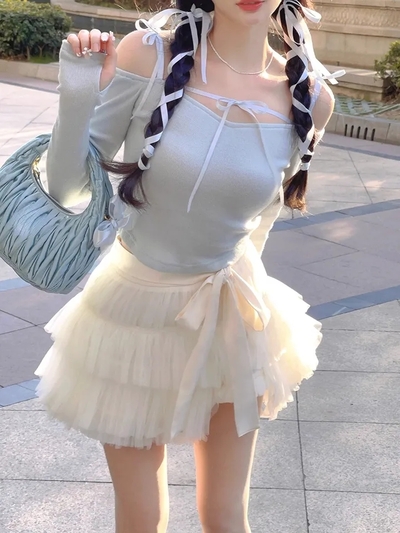 Sweet Bow Off Shoulder Long Sleeve Blouse