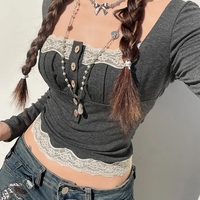 Grey Patchwork Square Neck Collar Long Sleeve Shirt  - Thumbnail 3