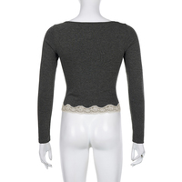 Grey Patchwork Square Neck Collar Long Sleeve Shirt  - Thumbnail 6