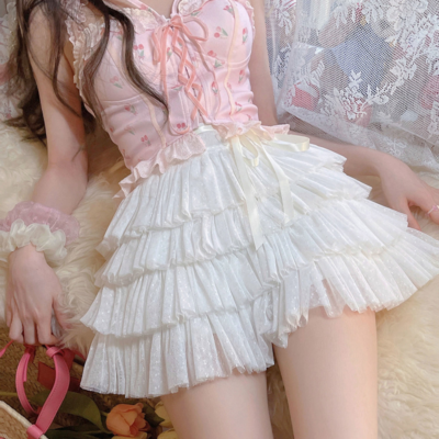Sweet Bow Ruffle Layer Bandage A-Line Skirt