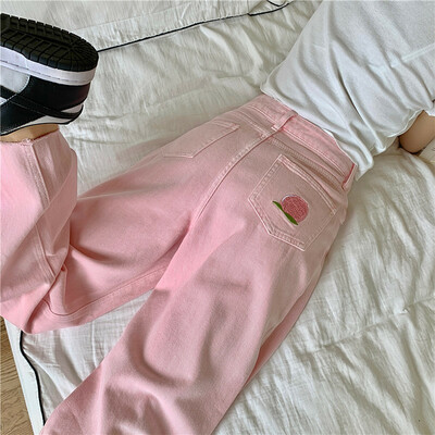 Pink peach embroidery denim pants 