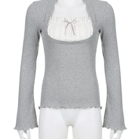 2PCS Milkmaid Patchwork Long Sleeve T-shirt  - Thumbnail 5