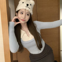 2PCS Peterpan Collar Patchwork Cropped Sweater - Thumbnail 7