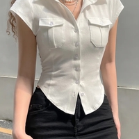 White Pocket Button Down Collar Short Sleeve Shirt  - Thumbnail 2