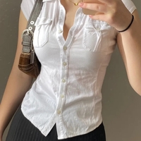 White Pocket Button Down Collar Short Sleeve Shirt  - Thumbnail 4