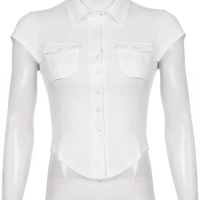 White Pocket Button Down Collar Short Sleeve Shirt  - Thumbnail 6