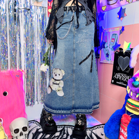 American Bear Chain Street Hiphop Style Trendy Y2K Hot Girl Fashion Mid-length Denim Skirt - Thumbnail 4